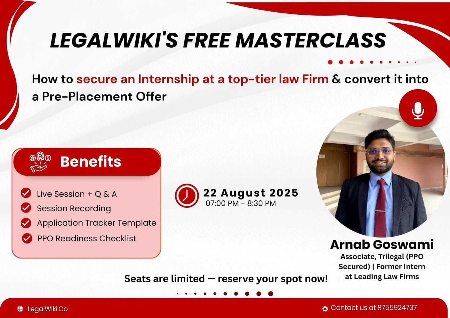 Free Masterclass on How to Secure an Internship at a Top-Tier Law Firm & Convert it into a Pre-Placement Offer | LegalWiki - August 22
