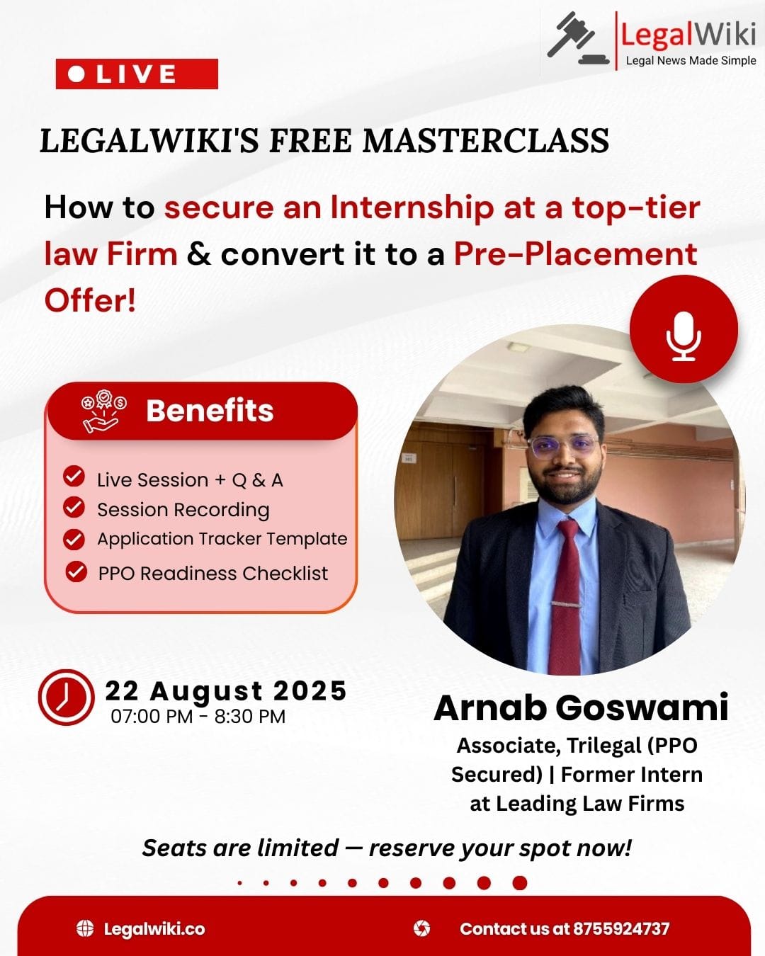 Free Masterclass on How to Secure an Internship at a Top-Tier Law Firm & Convert it into a Pre-Placement Offer | LegalWiki - August 22
