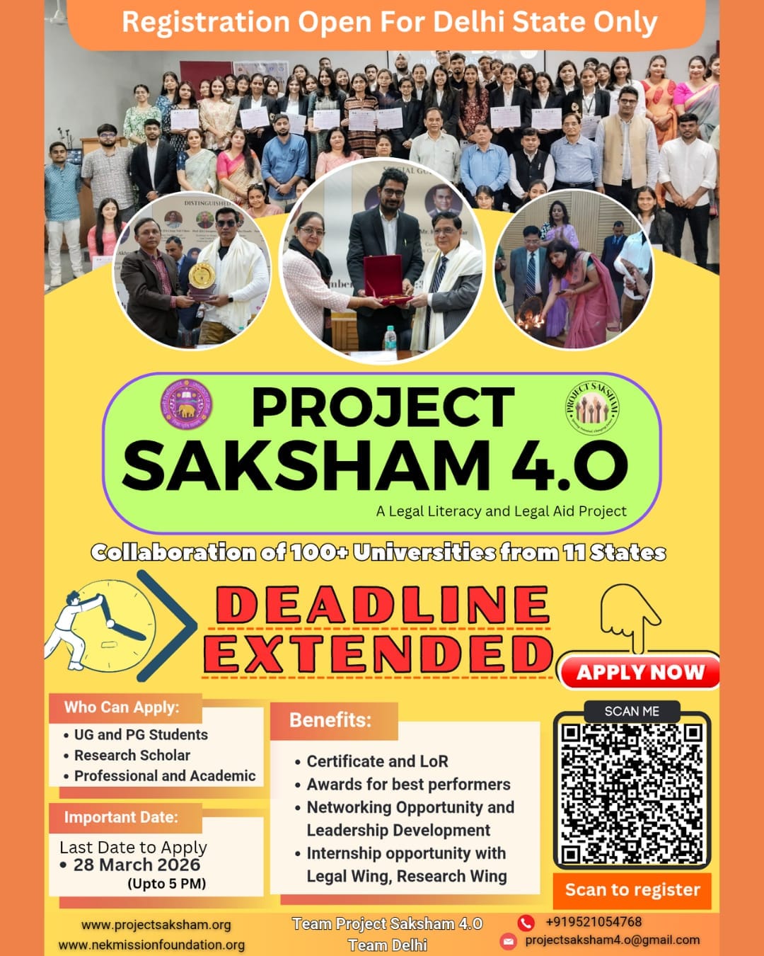 Applications open for Project Saksham 4.O- A Legal Litracy & Legal Aid Project! Registration deadline extended to 28th March 2026!